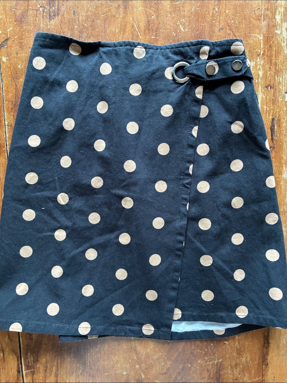 Vintage Black Tan Polka Dot Wrap Mini Skirt Grommet Belt (marked XL, fits S-M)